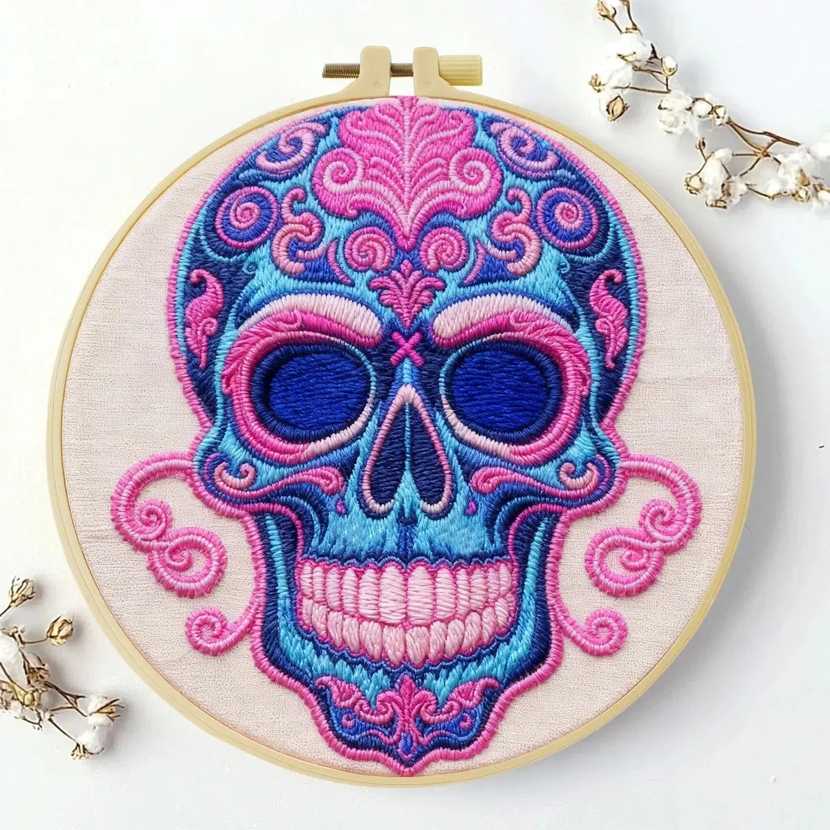 Sugar Skull Embroidery DIY Kit – Colorful Day of the Dead Beginner Stitching Kit with Hoop, Pattern & Threads The Stichers Heavane