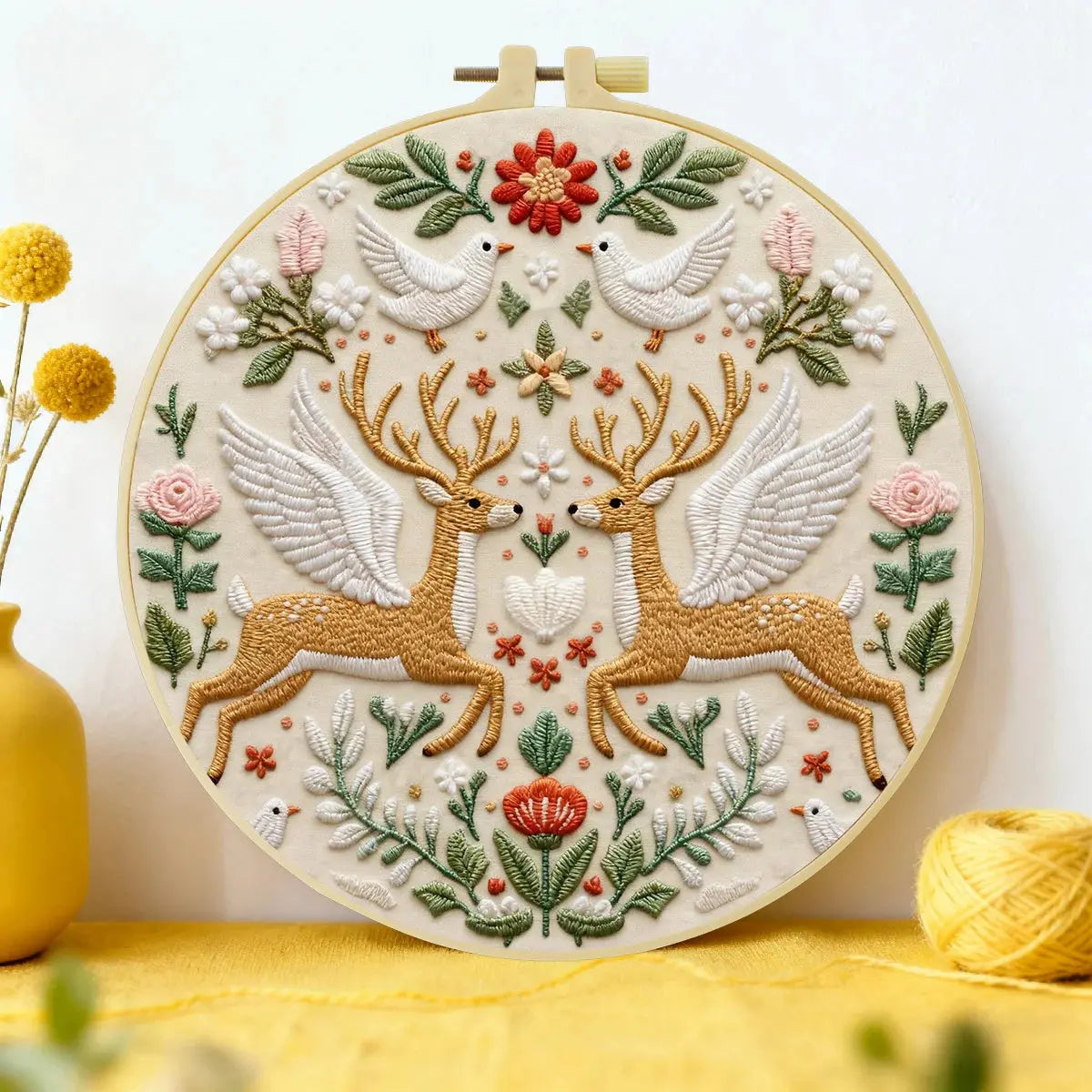 Folk Art Deer Embroidery DIY Kit – Scandinavian Animal Beginner Stitching Kit with Hoop, Pattern & Threads The Stichers Heavane