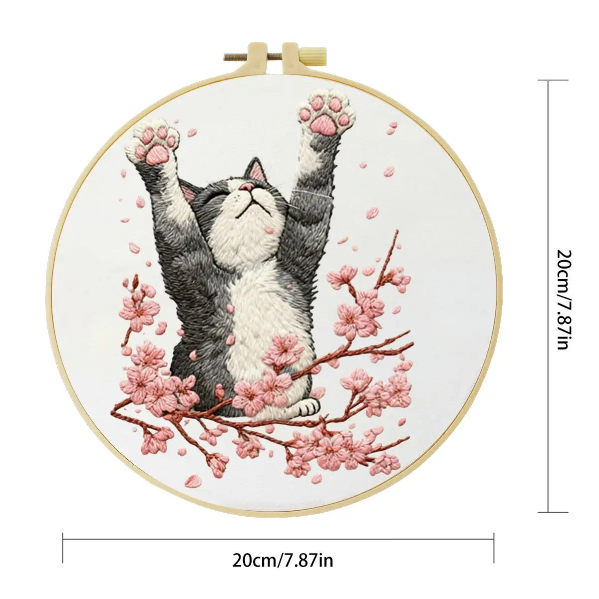 Stretching Cat Embroidery Kit – Cherry Blossom Kitty DIY Hand Embroidery Hoop Art Set