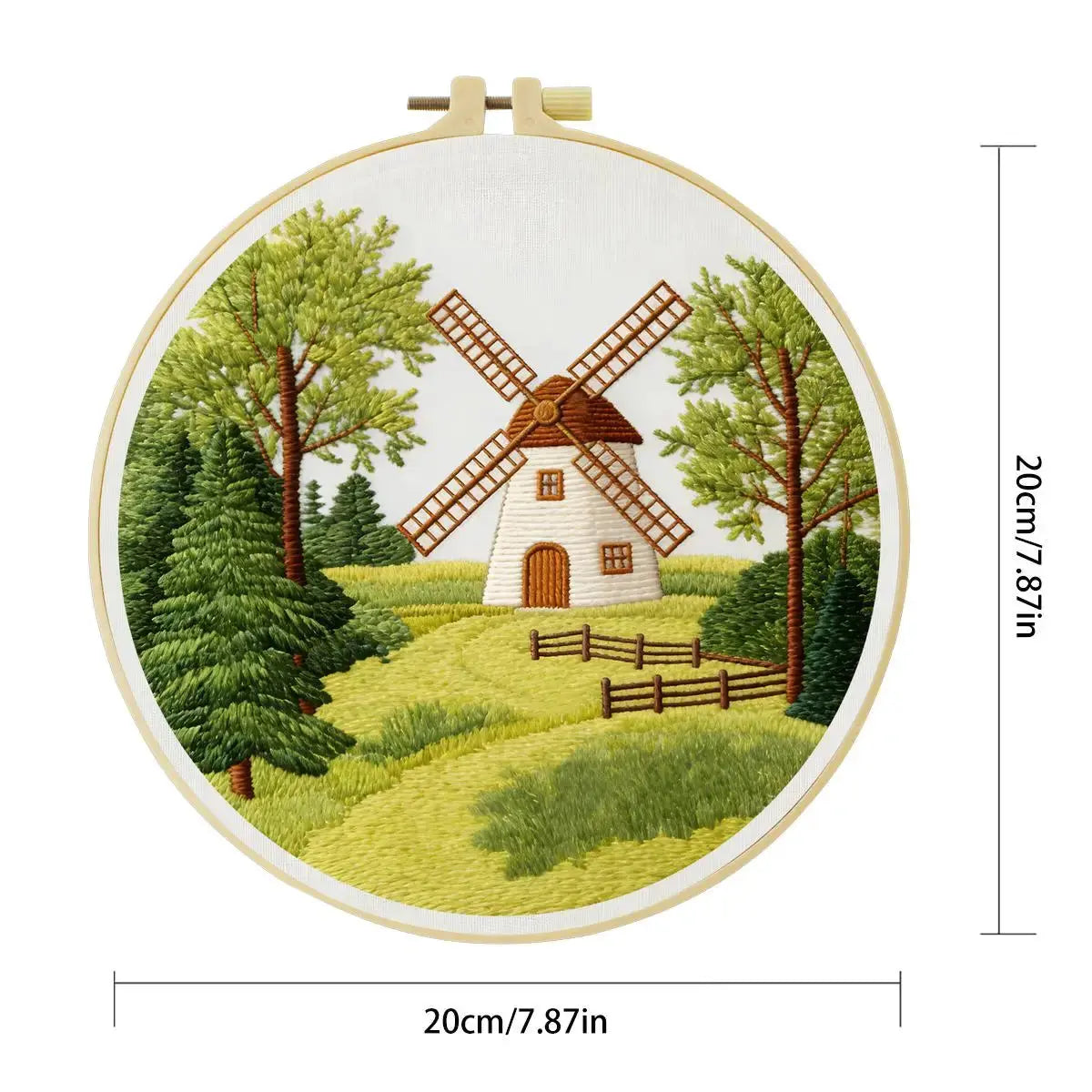 Countryside Windmill Embroidery Kit โ Peaceful Green Landscape DIY Hand Embroidery Set Kits For Stitchers