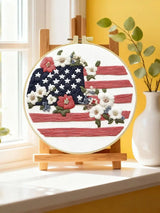 Patriotic American Flag Floral Embroidery Kit – USA Stars and Stripes DIY Needlepoint Hoop Art Rustic Fourth of July Decor Gift
