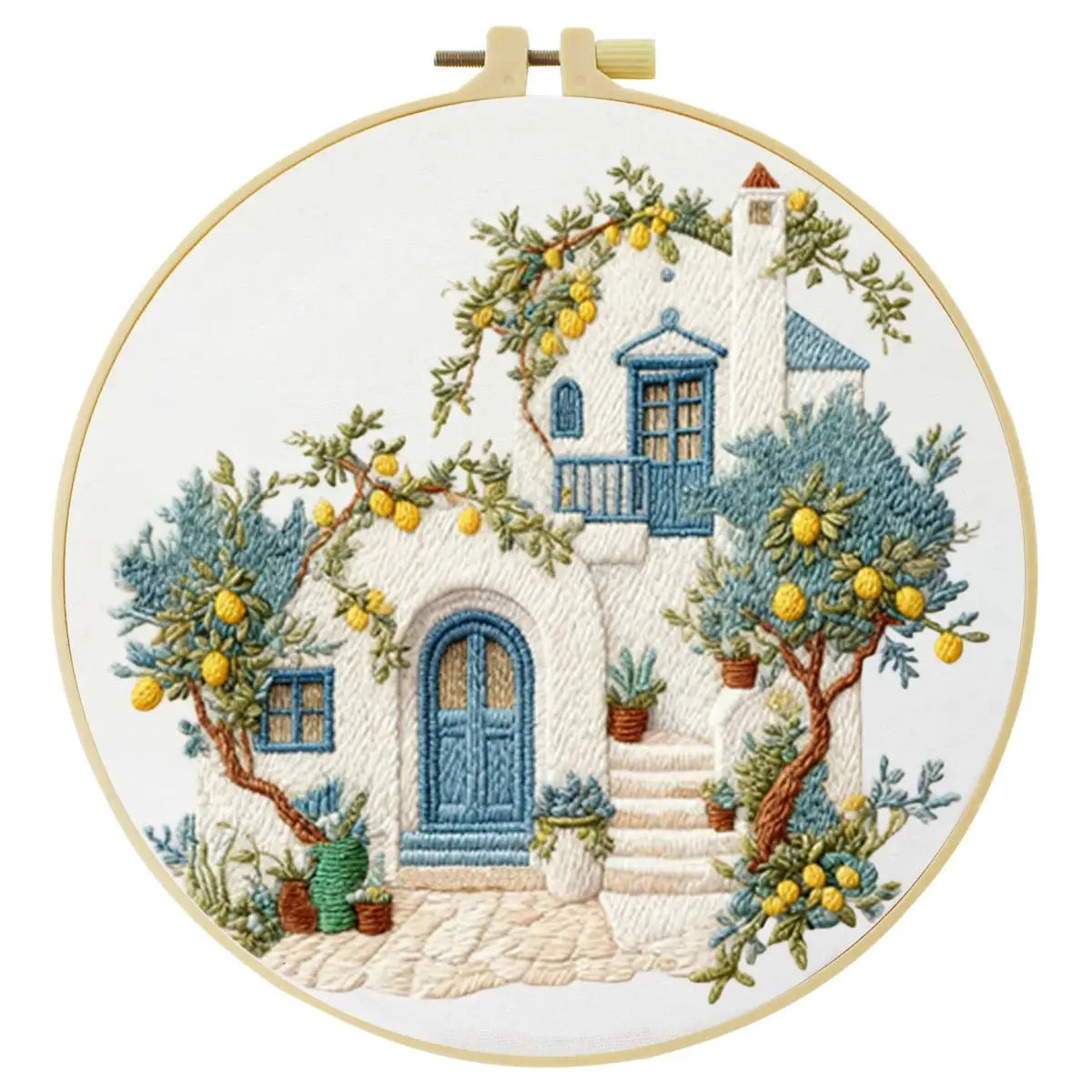 Mediterranean Lemon House Embroidery Kit – DIY Coastal Cottage Hoop Art for Beginners & Craft Lovers