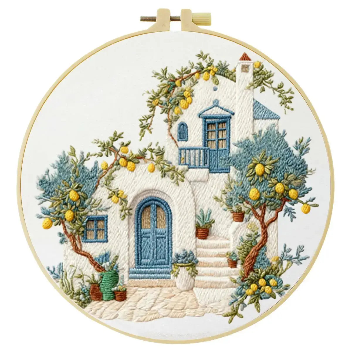 Mediterranean Lemon House Embroidery Kit – DIY Coastal Cottage Hoop Art for Beginners & Craft Lovers Kits For Stitchers
