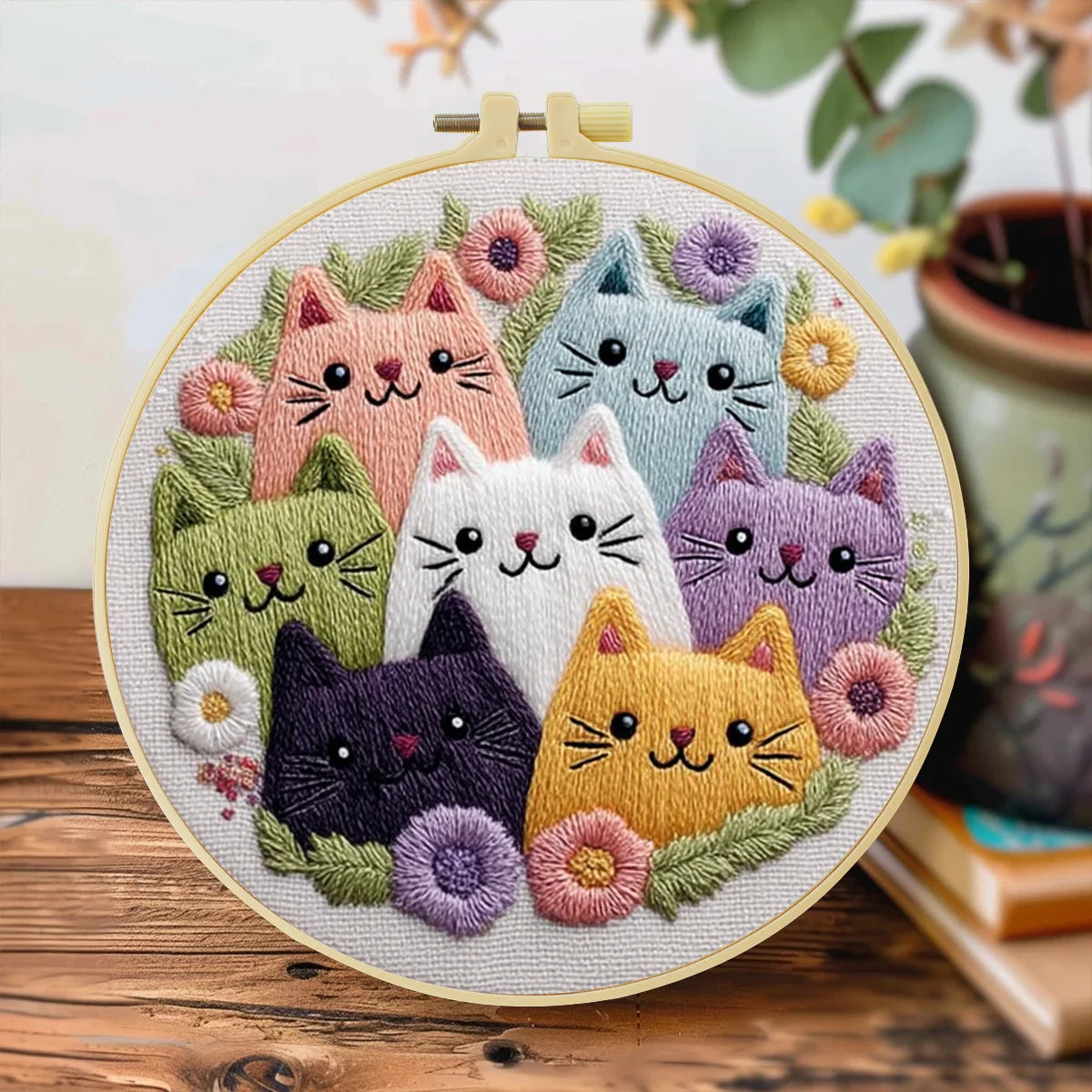 1pc 20X20CM/7.87inch Cute cat Embroidery Starter Kit DIY kit Craft Painting Sewing Art Needle Art