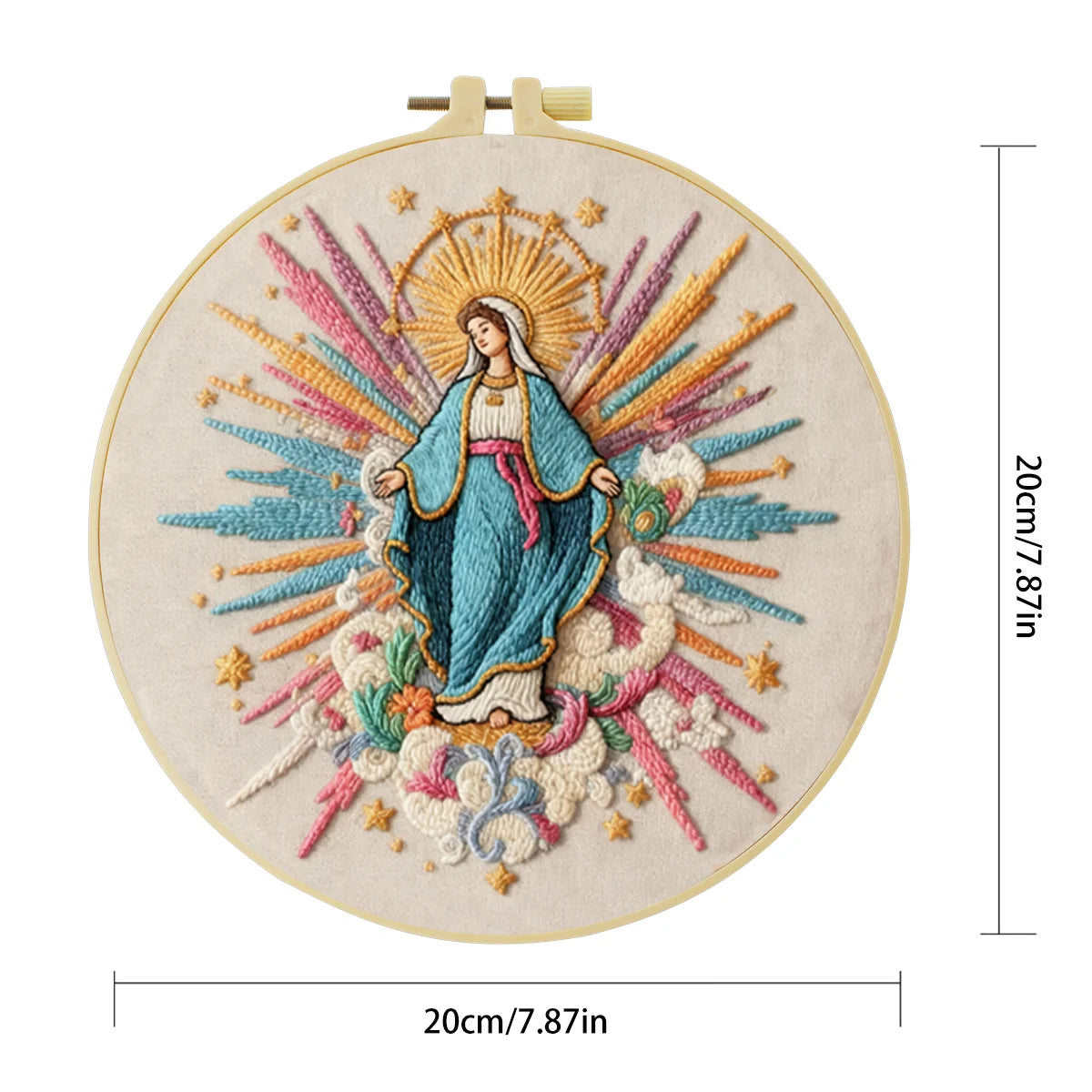 Virgin Mary Embroidery Kit – Colorful Catholic Needlepoint Pattern with Heavenly Rays & Religious Christian Wall Art Decor