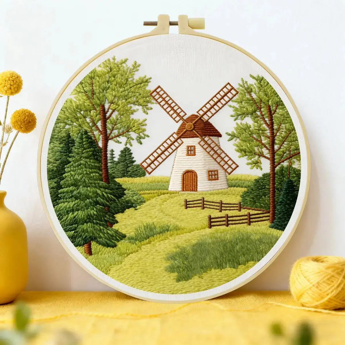 Countryside Windmill Embroidery Kit โ Peaceful Green Landscape DIY Hand Embroidery Set Kits For Stitchers