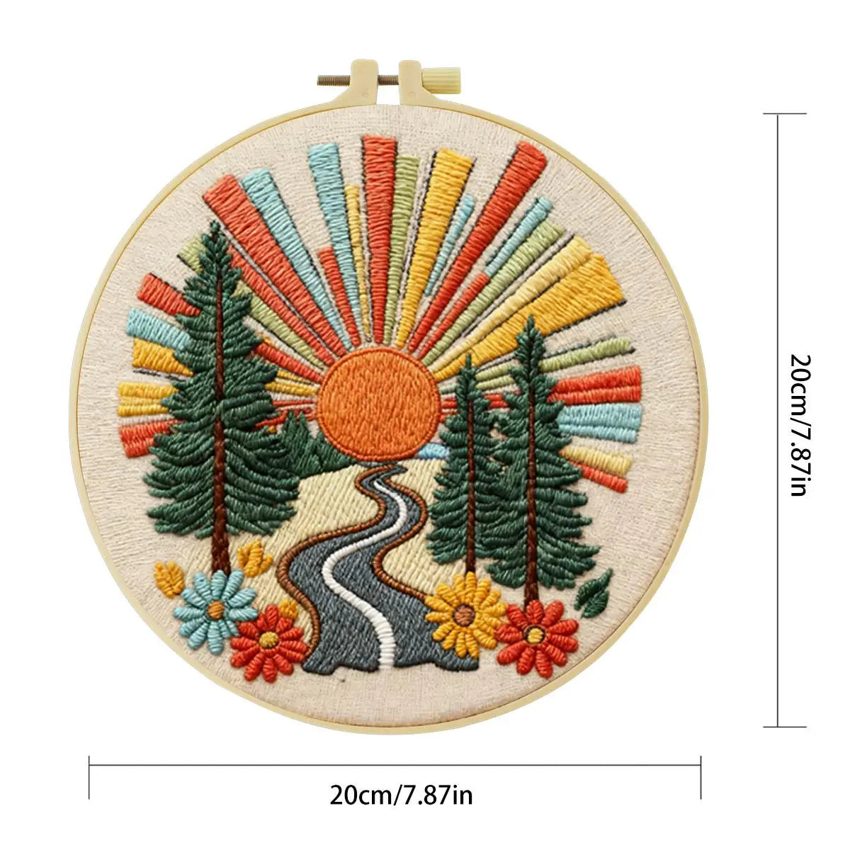 Retro Sunset Forest Embroidery Kit – Colorful Nature DIY Hand Embroidery Hoop Art Set