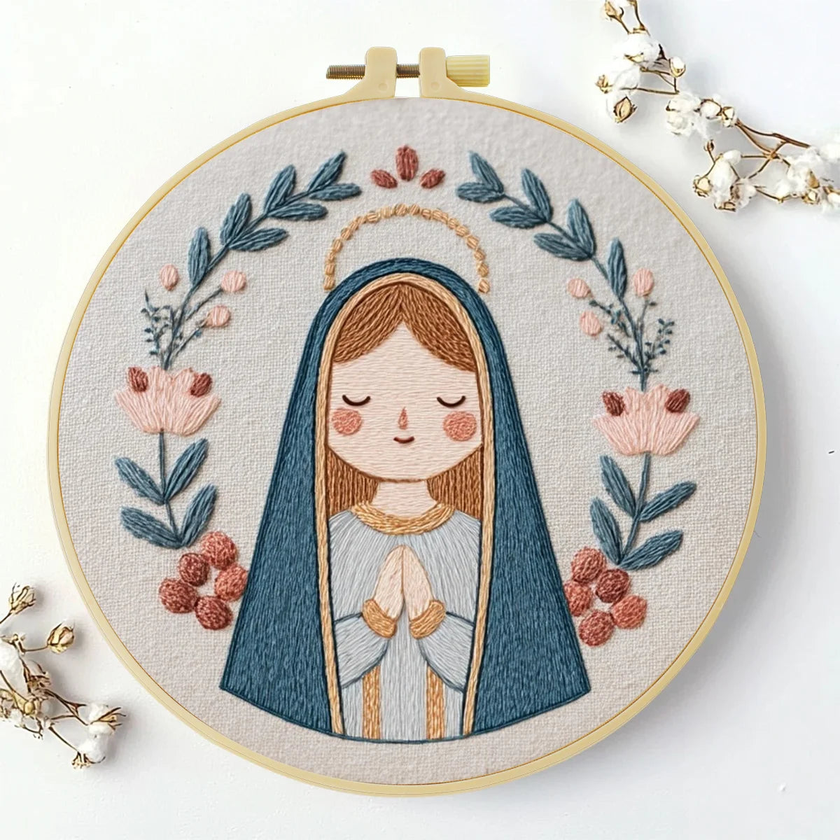 Cute Virgin Mary Embroidery Kit – Kawaii Catholic Needlepoint Pattern with Floral Religious Wall Art & Prayer Decor