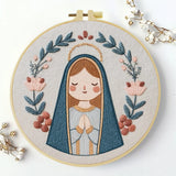 Cute Virgin Mary Embroidery Kit – Kawaii Catholic Needlepoint Pattern with Floral Religious Wall Art & Prayer Decor