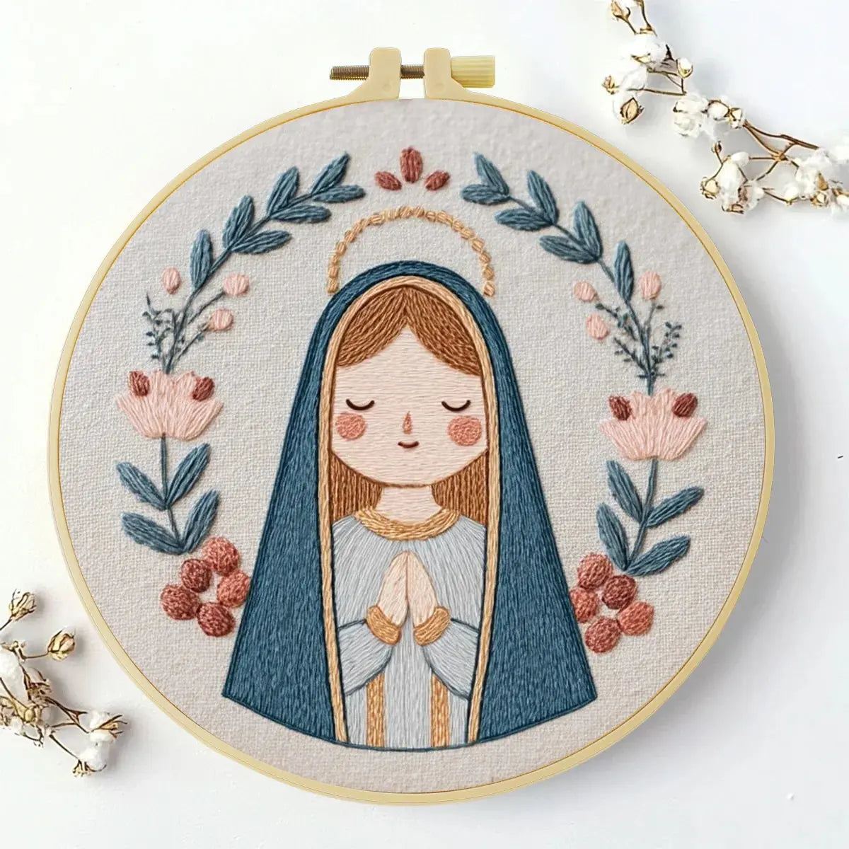 Cute Virgin Mary Embroidery Kit – Kawaii Catholic Needlepoint Pattern with Floral Religious Wall Art & Prayer Decor Kits For Stitchers