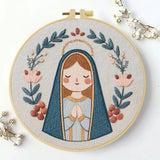 Cute Virgin Mary Embroidery Kit – Kawaii Catholic Needlepoint Pattern with Floral Religious Wall Art & Prayer Decor Kits For Stitchers