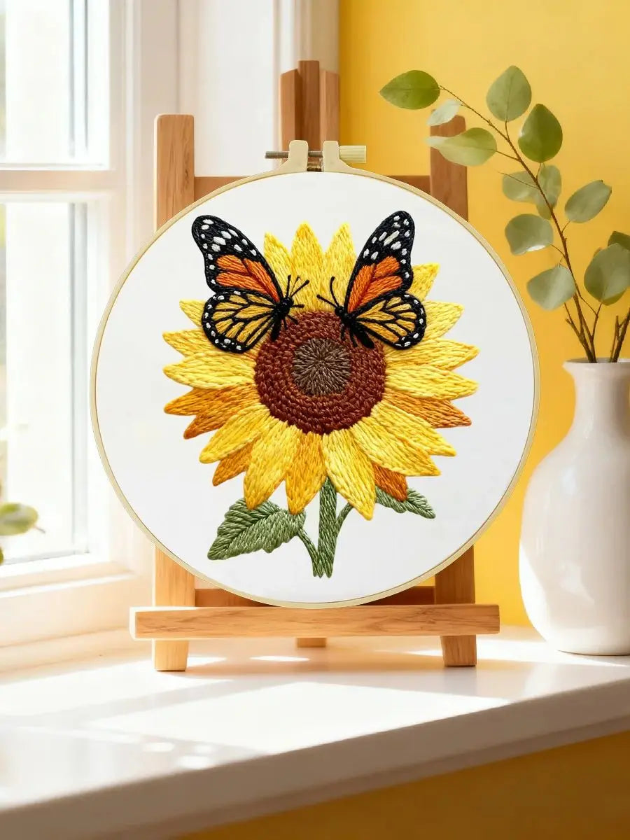 Sunflower & Butterfly Embroidery Starter Kit DIY – Beginner Floral Hand Embroidery Kit with Nature Design