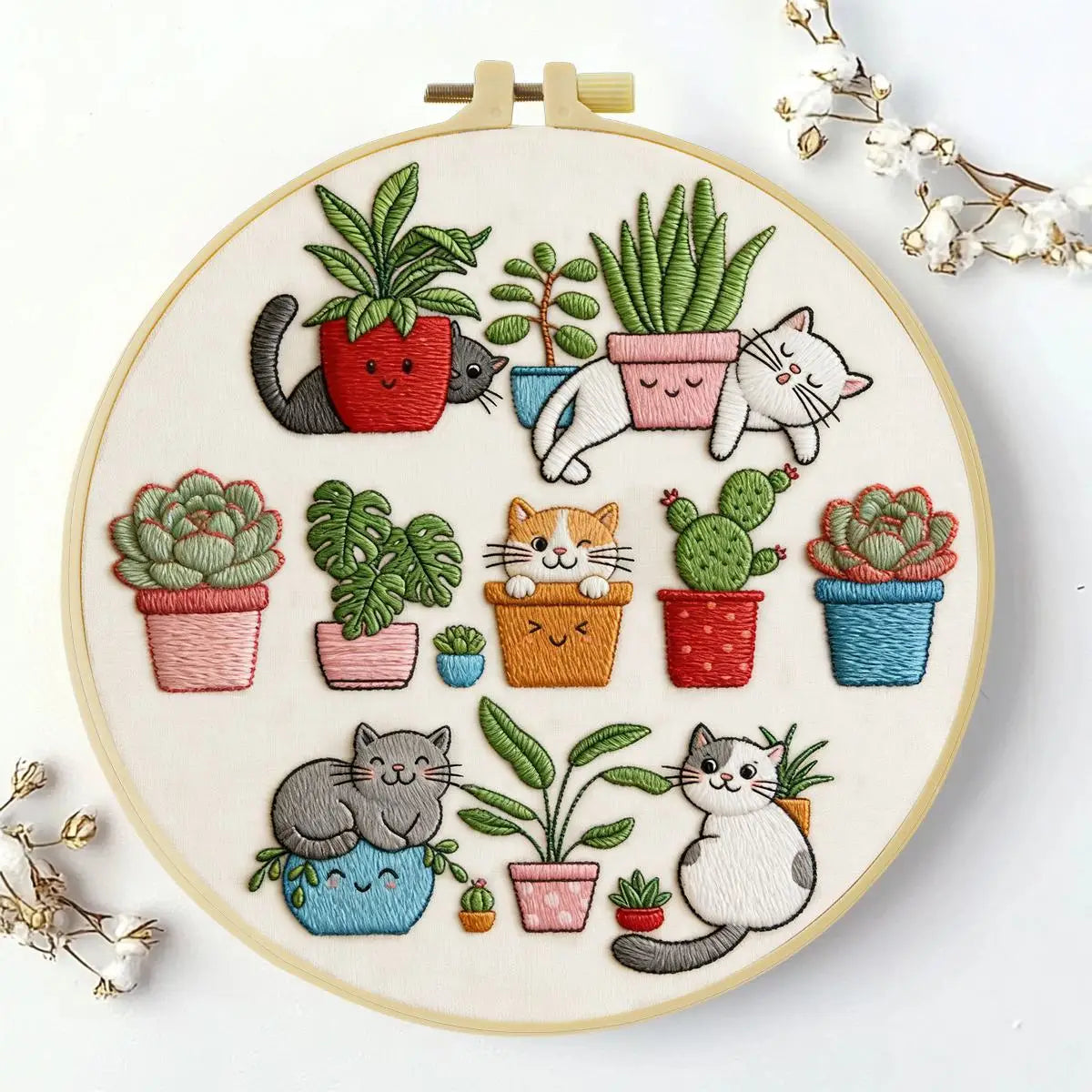 Cute Cats & Plants Embroidery Kit for Beginners – DIY Kawaii Hand Embroidery Hoop Set