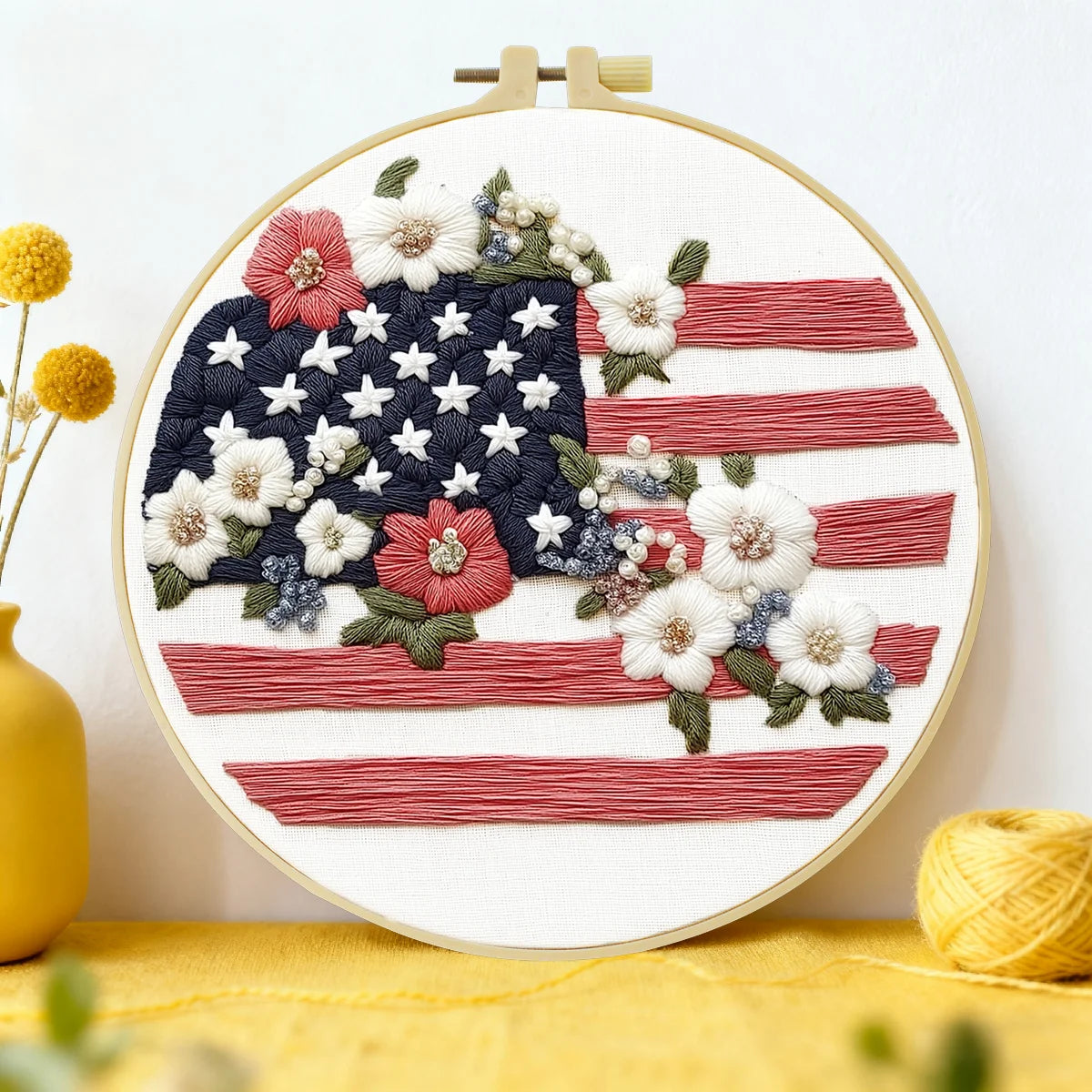Patriotic American Flag Floral Embroidery Kit – USA Stars and Stripes DIY Needlepoint Hoop Art Rustic Fourth of July Decor Gift