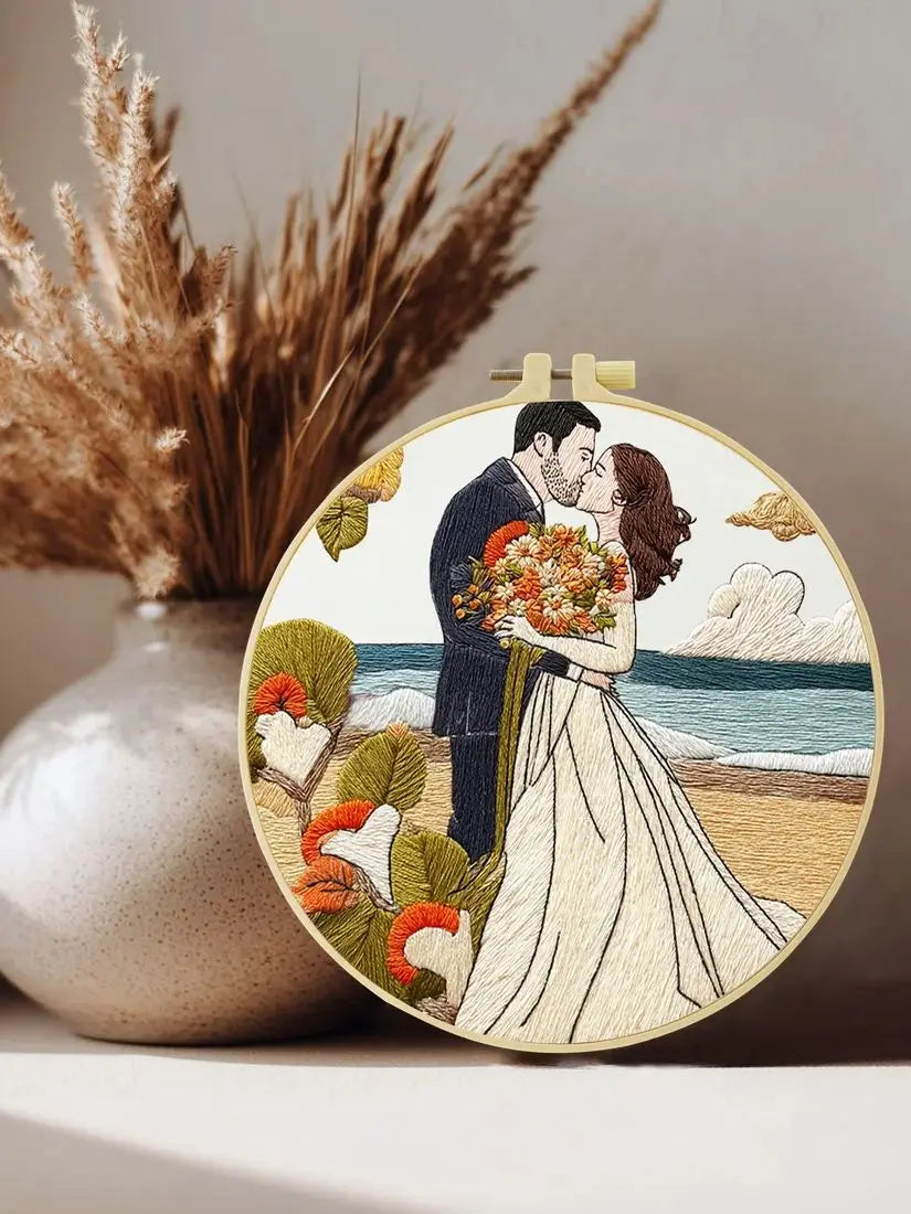 Romantic Beach Wedding Embroidery Kit – Newlywed Couple Needlepoint Pattern with Coastal Love Scene & Floral Details
