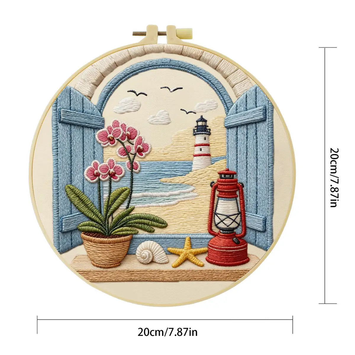 Coastal Lighthouse Embroidery Kit for Beginners – DIY Beach Hand Embroidery Hoop Set