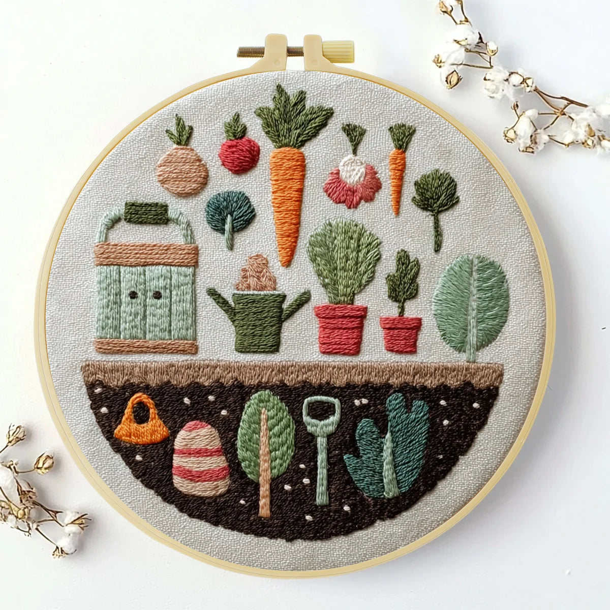 Hand-Embroidered Garden Wall Art – Vegetable & Plant Hoop Decor