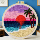 Tropical Sunset Beach Punch Needle Wall Art – Handmade Embroidery Hoop Decor for Nursery & Cozy Roo Kits For Stitchers