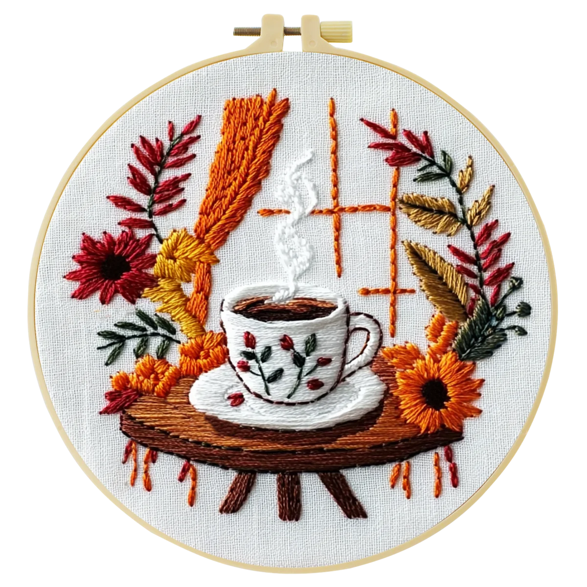 Handmade Cozy Coffee Embroidery Hoop Wall Art – Autumn Floral Rustic Kitchen Decor