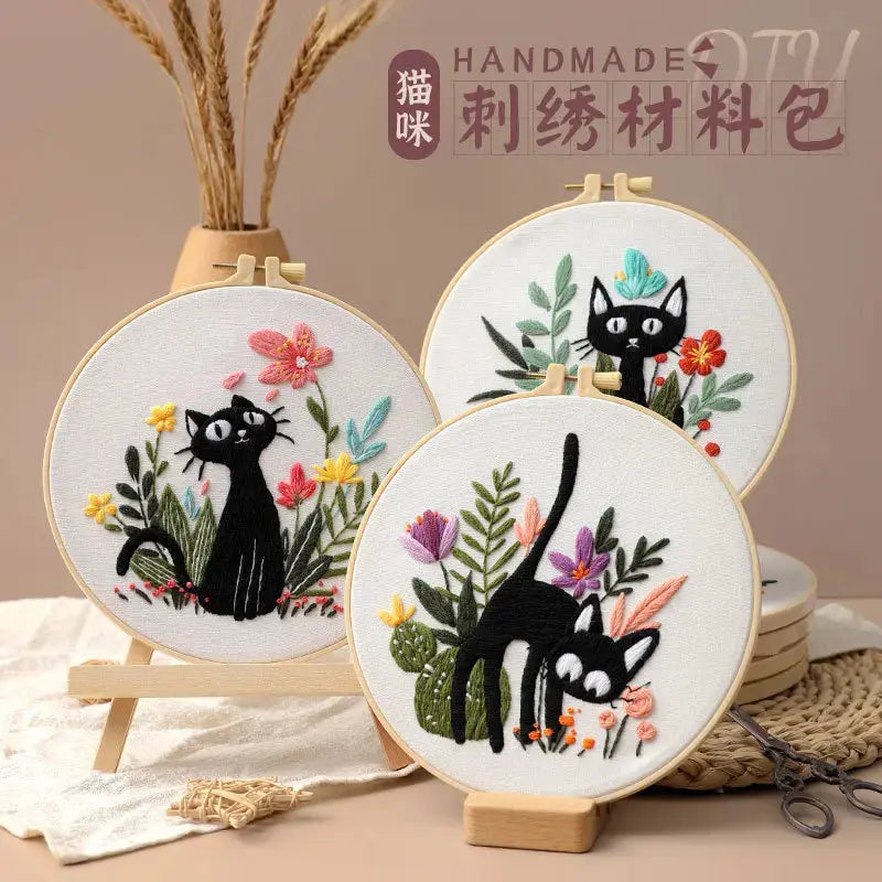 Cat & Floral Embroidery Kit The Stichers Heavane