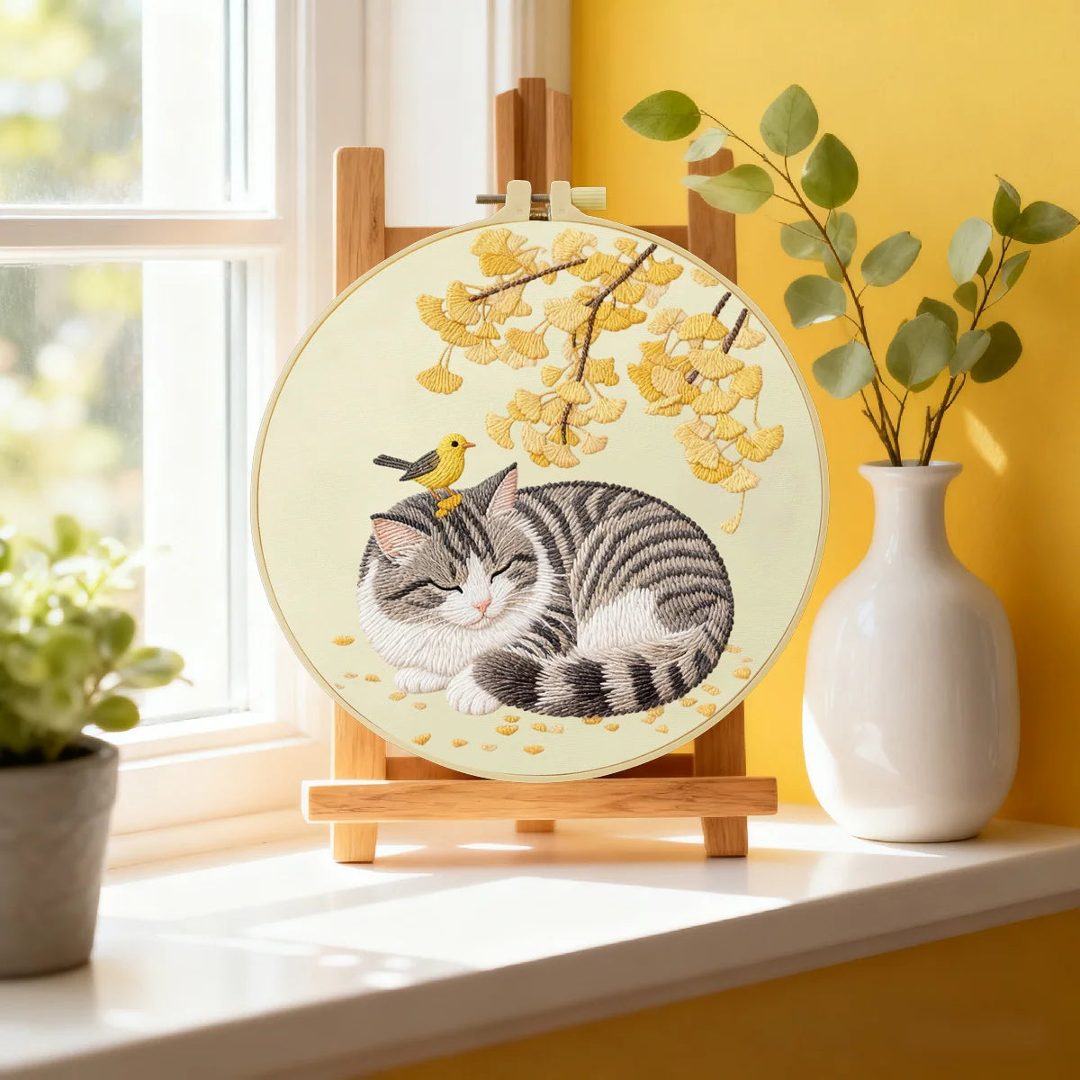 Sleeping Cat with Bird Embroidery Starter Kit – DIY Cute Animal Sewing Art Set for Beginne