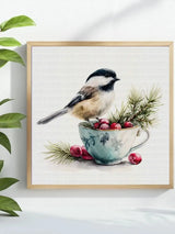 Chickadee & Cranberries Teacup Cross Stitch Kit 🐦🍒☕🌲✨