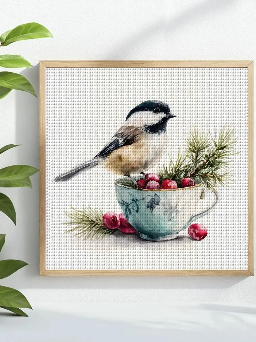 Chickadee & Cranberries Teacup Cross Stitch Kit 🐦🍒☕🌲✨