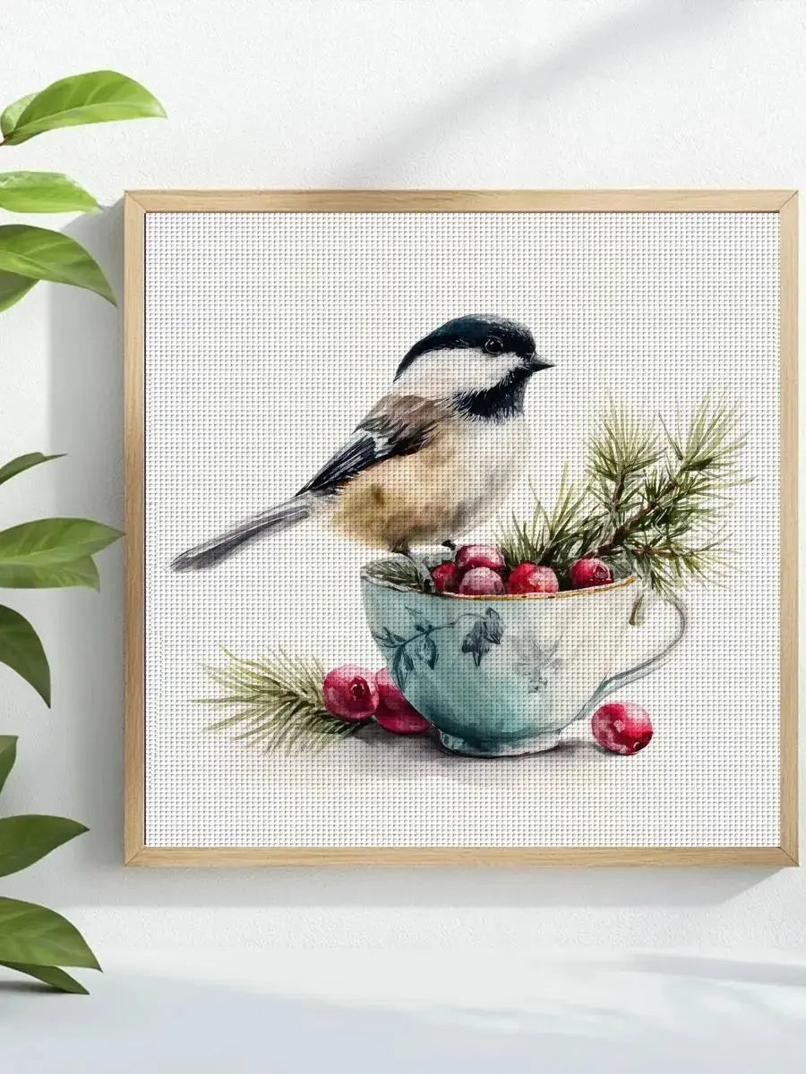 Chickadee & Cranberries Teacup Cross Stitch Kit 🐦🍒☕🌲✨ Kits For Stitchers