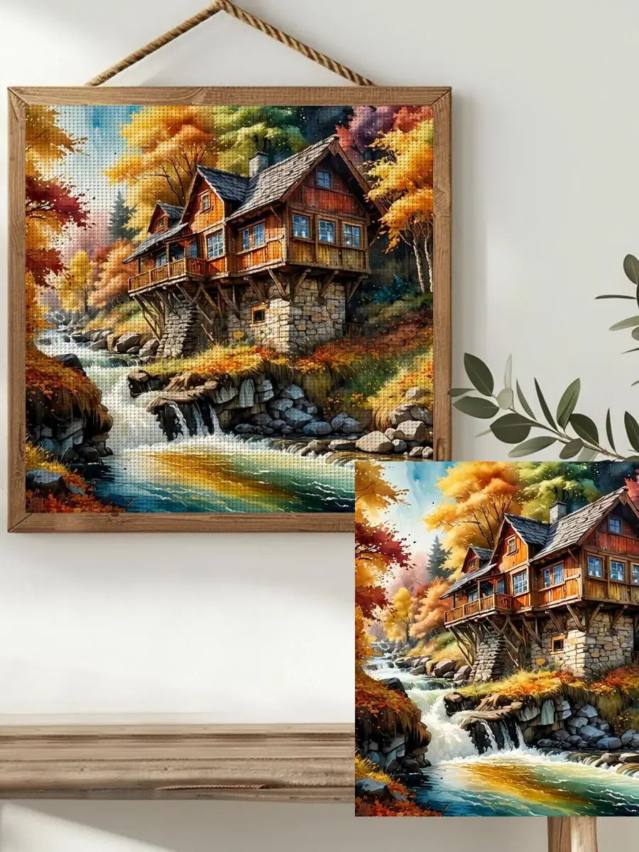Autumn Riverside Cabin Cross Stitch Kit 🍂🏡🌊✨