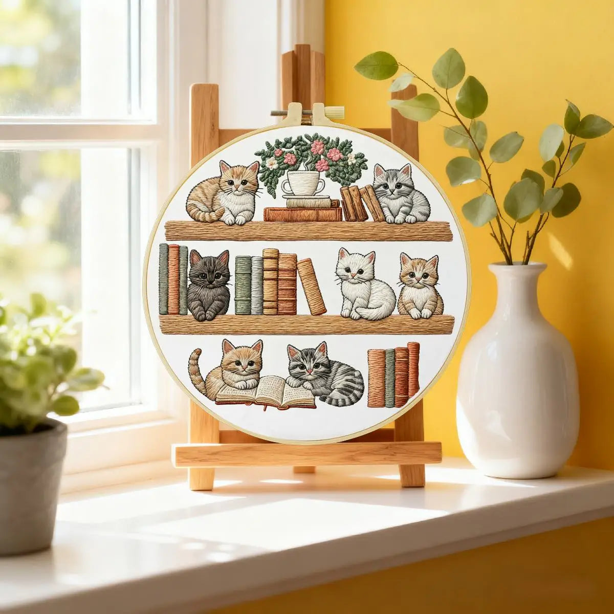 Bookshelf Kitten Embroidery Kit