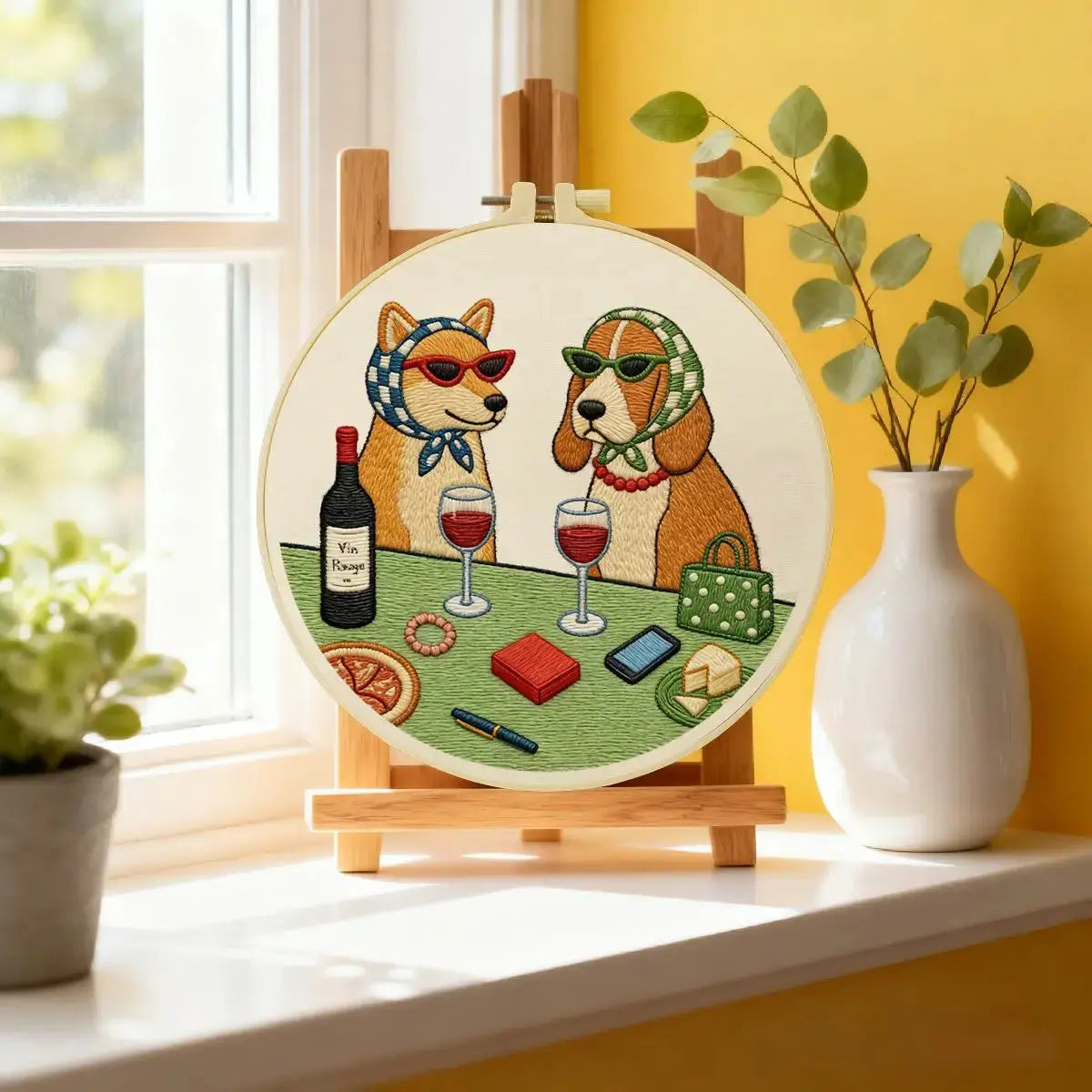 Wine & Whiskers Embroidery Kit – Stylish Dog Friends DIY Hand Embroidery Set 🍷🐶✨ Kits For Stitchers