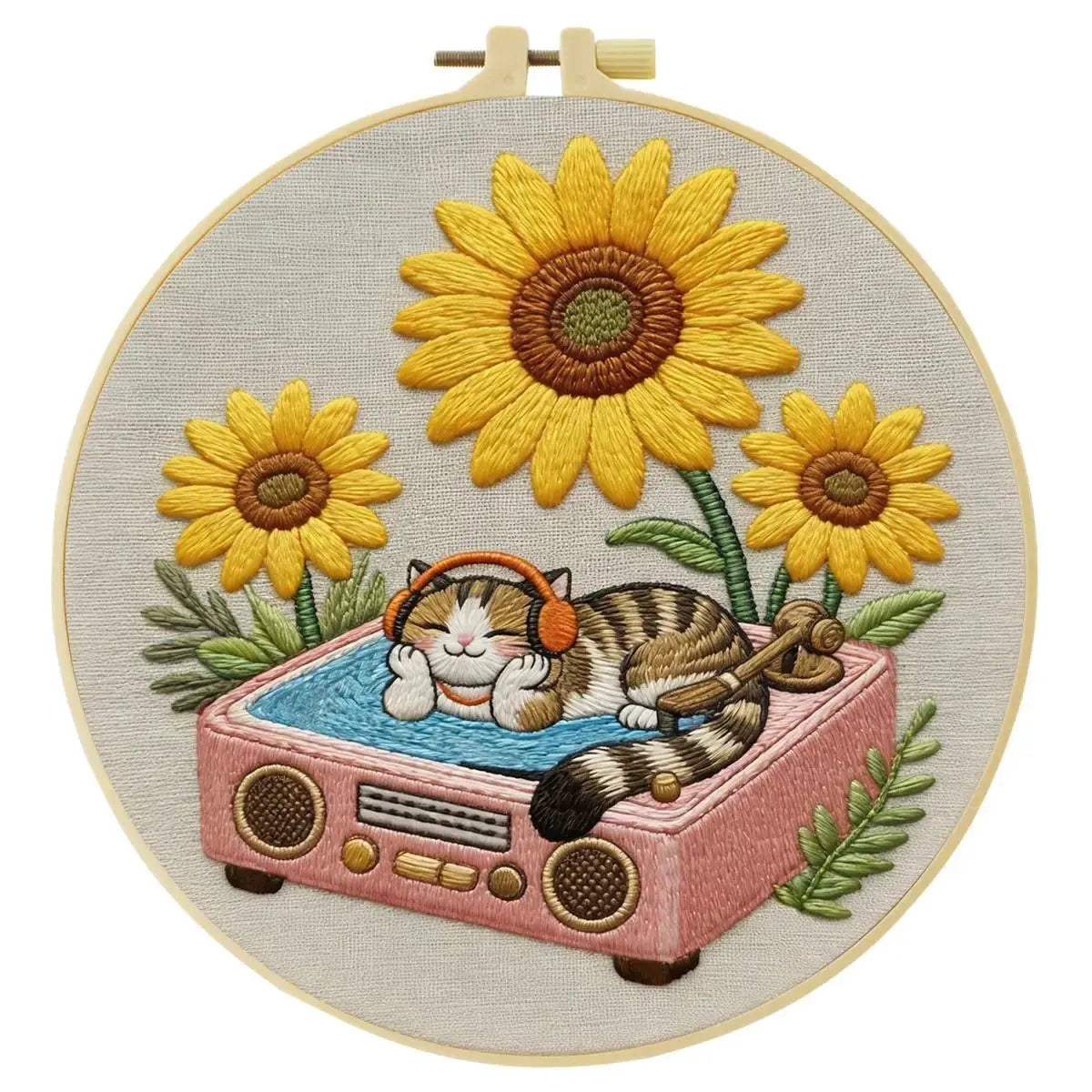 Sunflower DJ Cat Embroidery Kit Kits For Stitchers