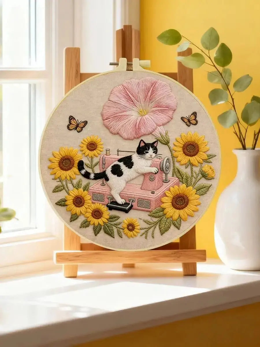 Sunflower Sewing Cat Embroidery Kit Kits For Stitchers