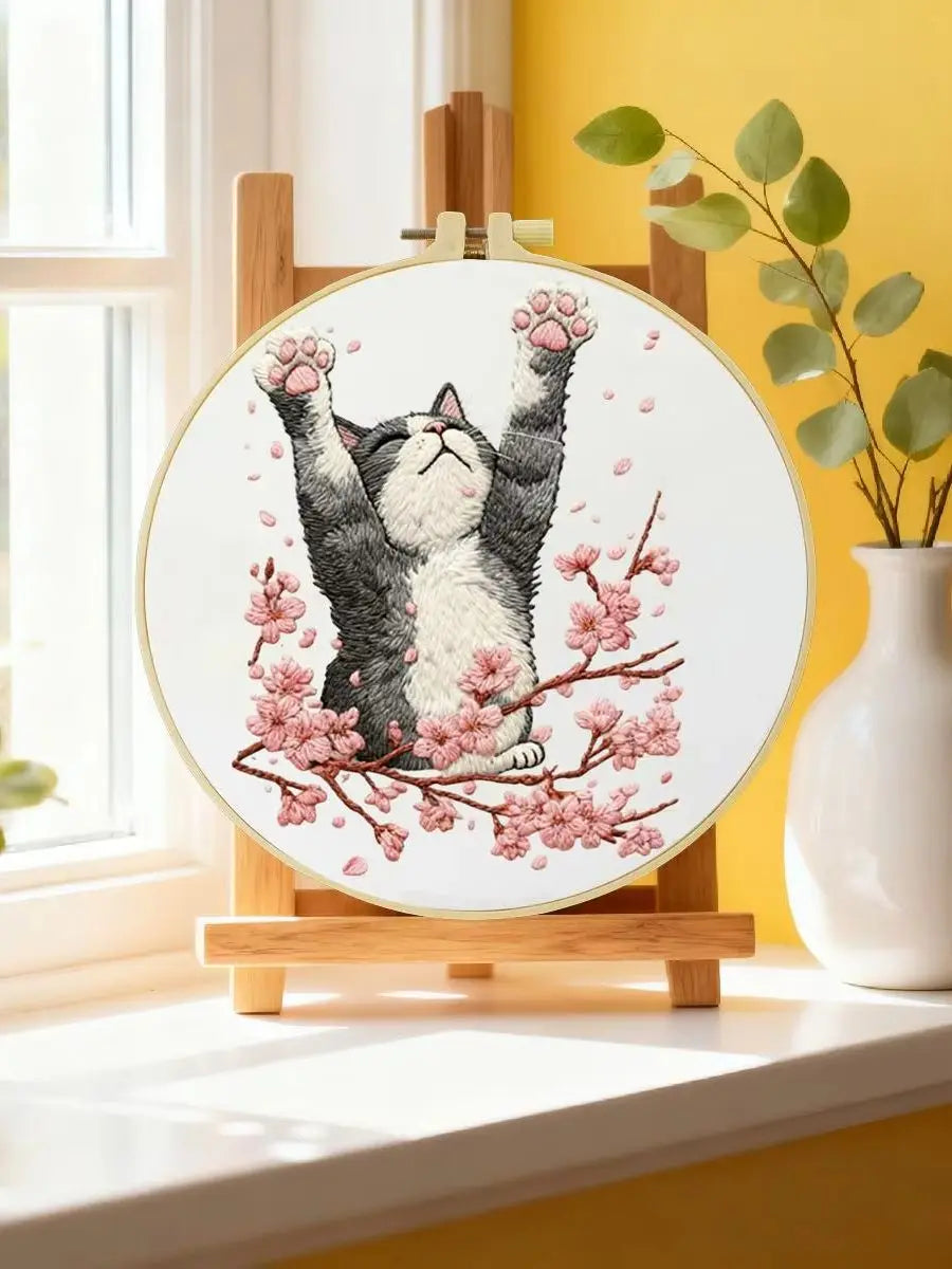 Stretching Cat Embroidery Kit – Cherry Blossom Kitty DIY Hand Embroidery Hoop Art Set
