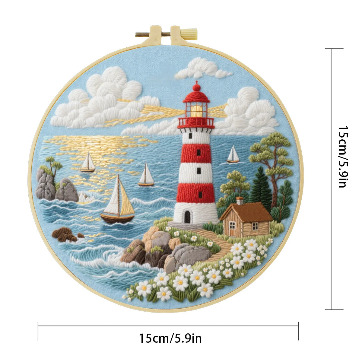 Coastal Lighthouse Embroidery Kit – Nautical Ocean Seascape DIY Needlepoint Hoop Art Beach House Decor Craft Gift for Adults