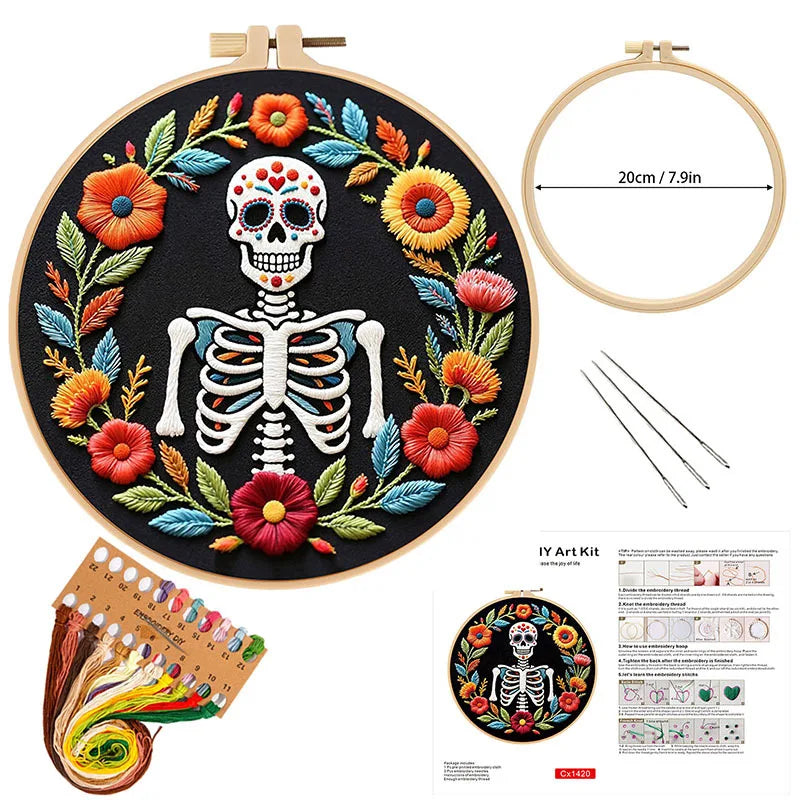 Floral Sugar Skull Embroidery Kit – Set of 3