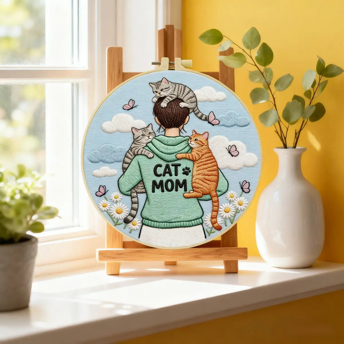 Cat Mom Punch Needle Wall Art – Handmade Embroidery Hoop Decor for Nursery & Cozy Rooms