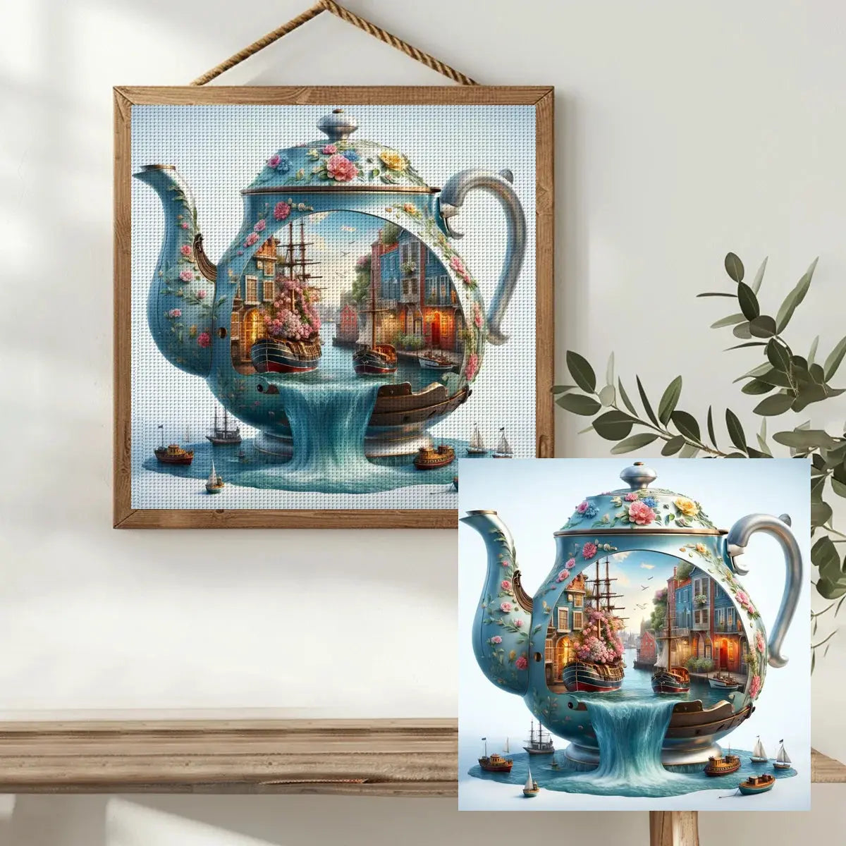 Enchanted Harbor Teapot Cross Stitch Kit ☕⛵🌸🏘️✨ Kits For Stitchers
