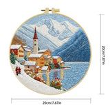 Snowy Mountain Village Embroidery Kit – Winter Alpine Landscape DIY Sewing Craft, Scenic Lake Hoop Wall Art