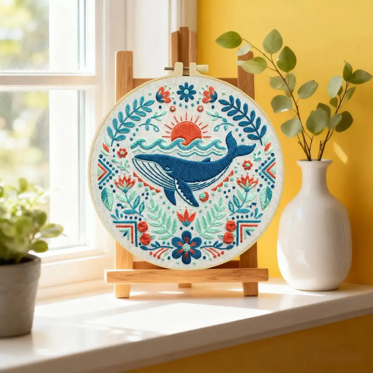 Folk Art Whale & Ocean Floral Embroidery Kit Kits For Stitchers
