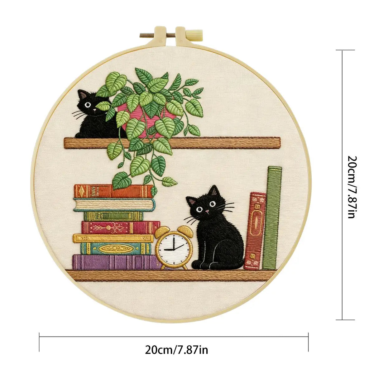 Black Cat Bookshelf Embroidery Kit for Beginners – DIY Cute Cat Hand Embroidery Hoop Set