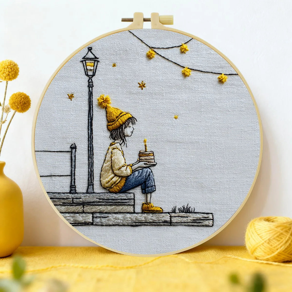 Cozy Birthday Girl Embroidery Kit – Whimsical Candle Cake Needlepoint Pattern with Fairy Lights & Minimalist Aesthetic