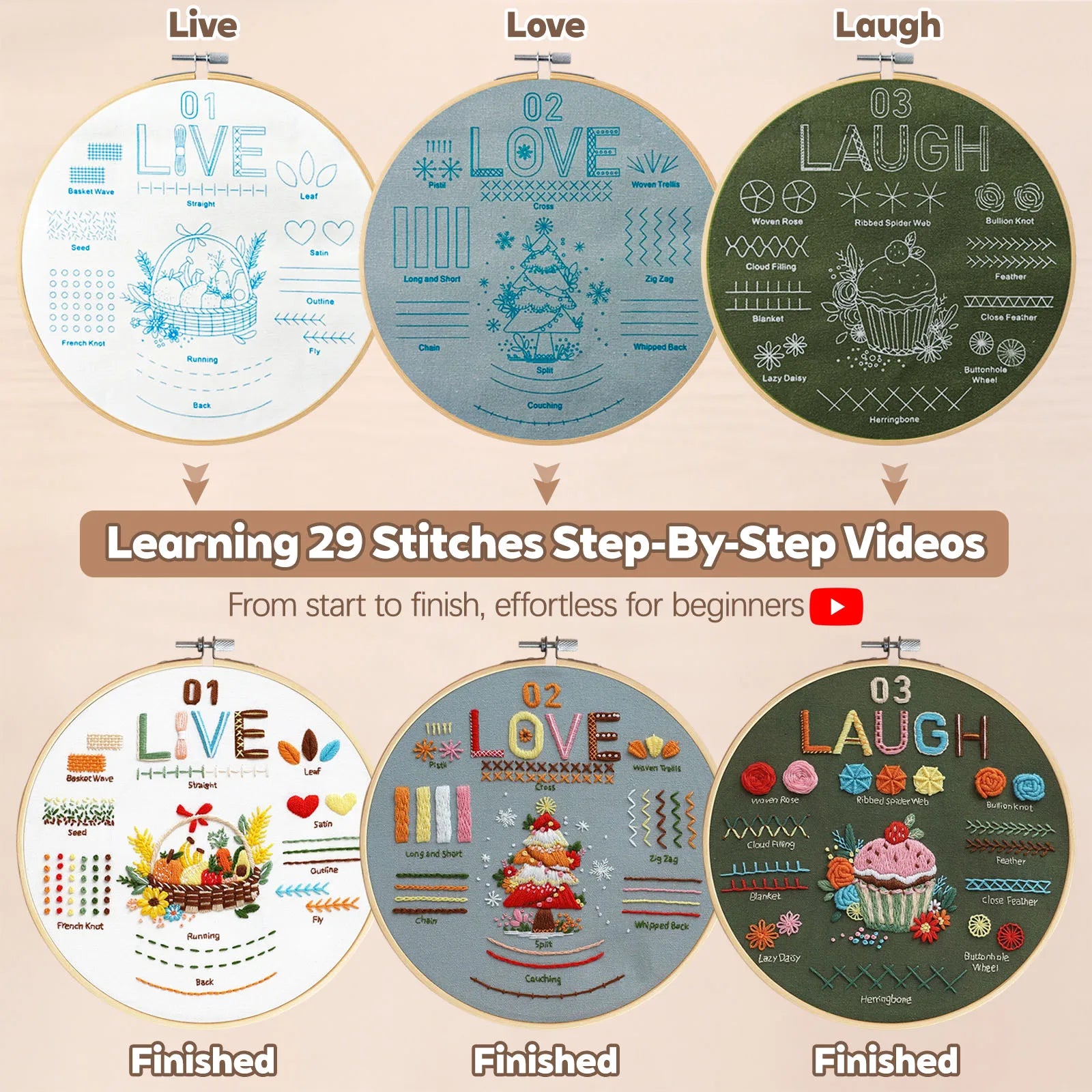 Love, Laugh & Live Beginner Embroidery Kit Kits For Stitchers