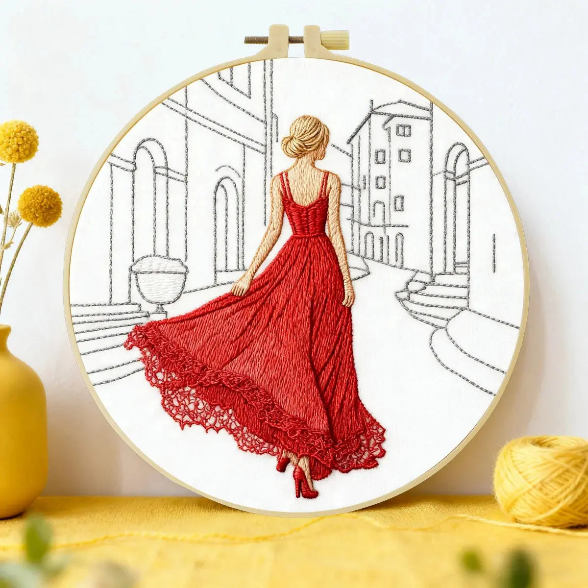 Elegant Red Dress Embroidery Kit – Fashion Lady Street Scene Needlepoint Pattern with Parisian Style & Modern Minimalist Art Kits For Stitchers