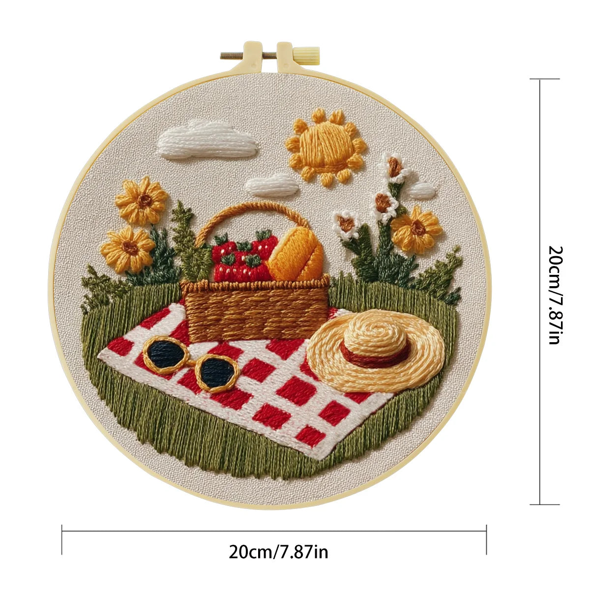 Handmade Summer Picnic Embroidery Hoop Wall Art – Floral Basket & Strawberry Cottagecore Decor