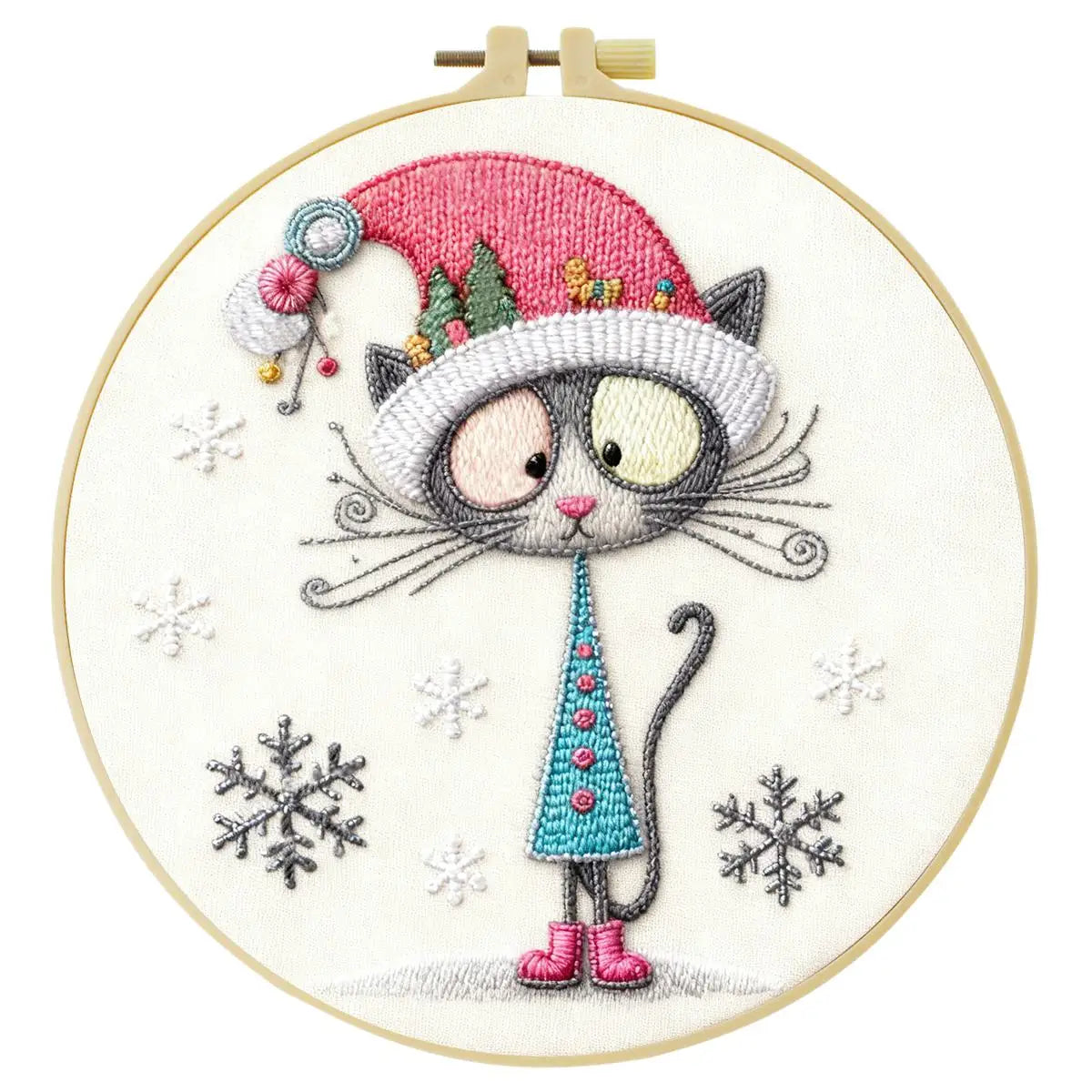 Christmas Cat Embroidery Kit – Cute Winter Kitty DIY Hand Embroidery Hoop Art Set