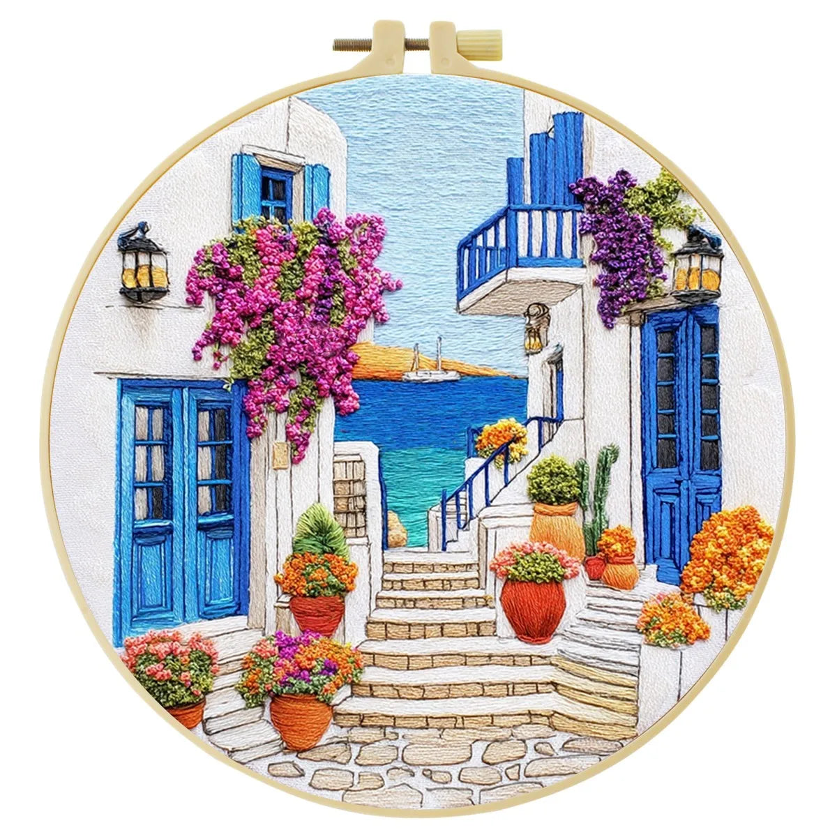 Greek Island Alley Embroidery Kit – Mediterranean Coastal Street DIY Needlepoint Hoop Art Santorini Inspired Home Decor Craft Gift