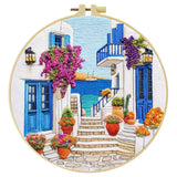Greek Island Alley Embroidery Kit – Mediterranean Coastal Street DIY Needlepoint Hoop Art Santorini Inspired Home Decor Craft Gift