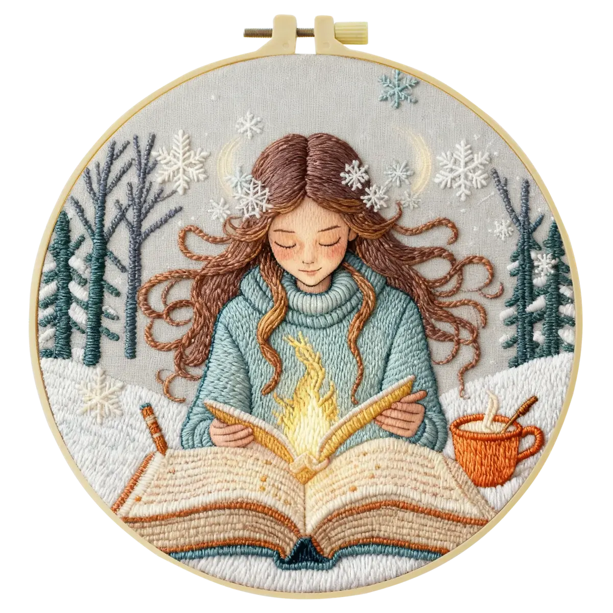 Winter Girl Reading Embroidery Starter Kit DIY – Beginner Cozy Book-Themed Hand Embroidery Kit Kits For Stitchers