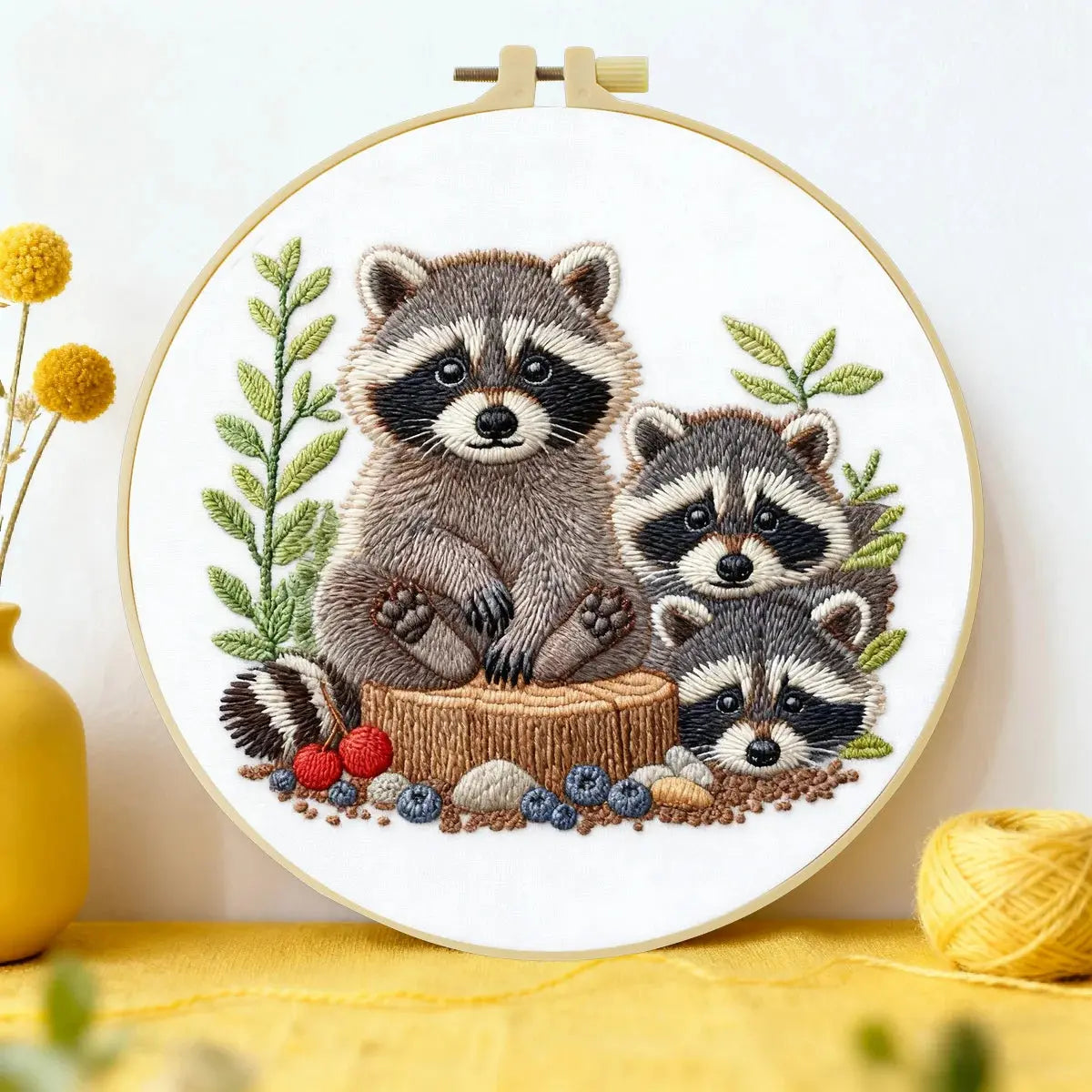 Cute Raccoon Family Embroidery Kit – Woodland Animal DIY Hand Embroidery Hoop Art, Forest Nursery Wall Decor Craft Kit Kits For Stitchers